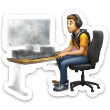 Gamer siting next to a gaming computer sticker