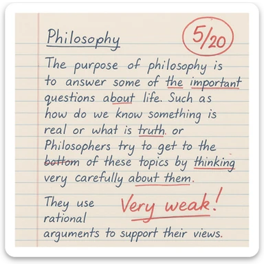 handwritten philosophy paper, high school, lined paper, blue ink, grade 5/20 circled in red, teacher's comment in red, a few red marks and corrections sticker