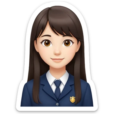 Pretty student with dark brown bangs and long straight hair, elegant school uniform, natural makeup, charming smile sticker