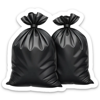 two black trash bags tied at the top, slightly crinkled glossy plastic texture, full rounded shapes, visible knot or twist at the top of each bag, natural folds and bulges suggesting volume, soft lighting, subtle shadows, emoji scale, transparent background sticker