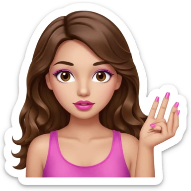 girl with long wavy brown hair, brown eyes, light to medium complexion, in a pink sexy top, pink puckered lips, long lashes, whatever with the hand out sticker