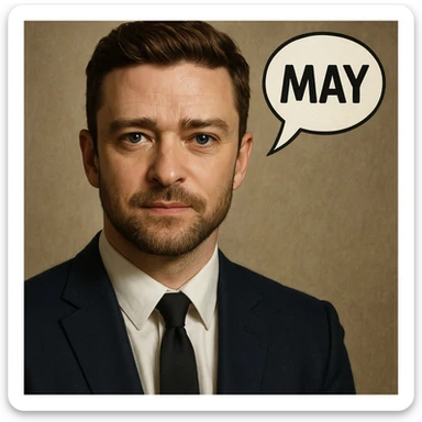 portrait of a Justin Timberlake lookalike with a speech bubble saying 'MAY', realistic style sticker