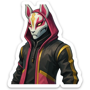 Fortnite Drift skin, masked character with fox mask, pink and gold accents, hoodie, stylized, no text sticker