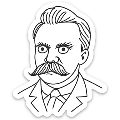 a hand drawn black outline portrait of philosopher Friderich Nietzsche with similar-sized eyes based a famous portrait of him sticker