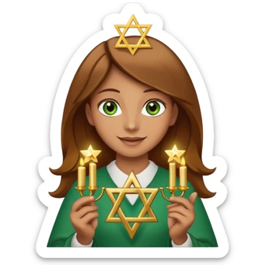 White but tan person with lightish brown hair girl has green eyes and holding the Star of David and a menorah looking at it smiliing sticker