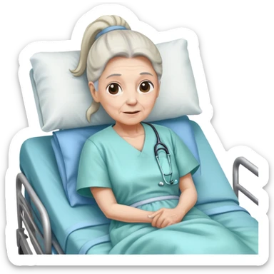 old woman with pony tail in hospital bed sticker