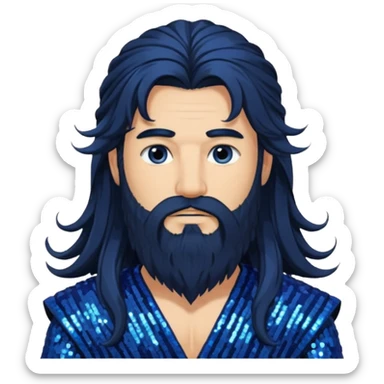 Boreas, God of North Wind from Gods and Goddesses with long black shaggy hair and beard, deep blue sequin outfit sticker