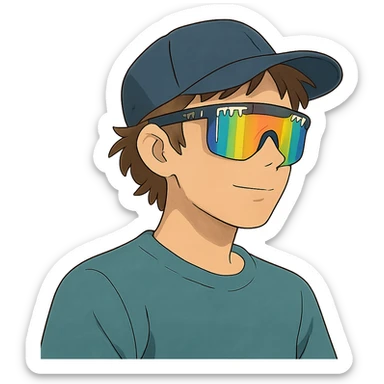 ghibli style guy with brown hair, baseball cap, wearing polarized Pit Viper glasses sticker