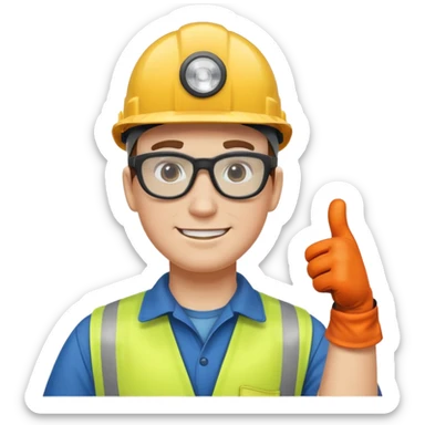 Un electricista en el poste de luz con todos sus implementos de seguridad haciendo like sticker