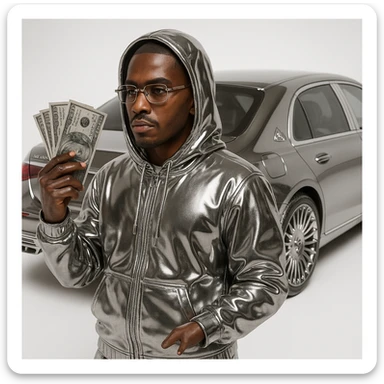 chrome-inspired icon of a person with realistic light brown complexion, lifelike facial details, and a hand with a naturally missing finger, wearing reflective chrome hoodie and outfit, Cartier glasses, holding authentic-looking US dollar bills instead of money, with a Maybach car behind the figure, bold iconic chrome style sticker