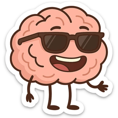 cartoon style icon of a brain wearing sunglasses, smiling, emoji for chat sticker