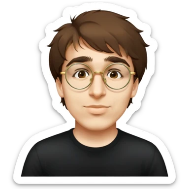 male, round gold glasses, black tshirt sticker