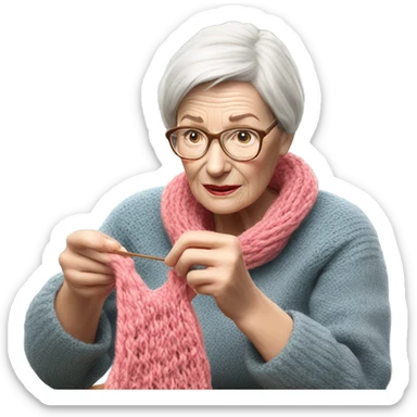 Create a 3d hyper realistic photo of a senior woman knitting  sticker