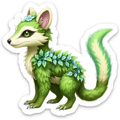 Sharp swampy realistic mossy grassy elemental ivy floral detailed Colorful translucent luminescent glowing Trico-Sergal-Furret-Ferret-Wolverine-Vernid-furry-fursona-fusion-Fakemon-animal-hybrid-creature, full body sticker