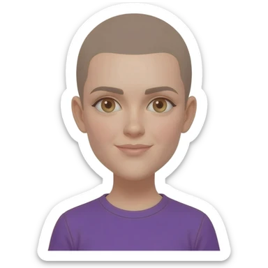 White skin ,  female, light brown buzzcut, purple shirt, light eyes sticker