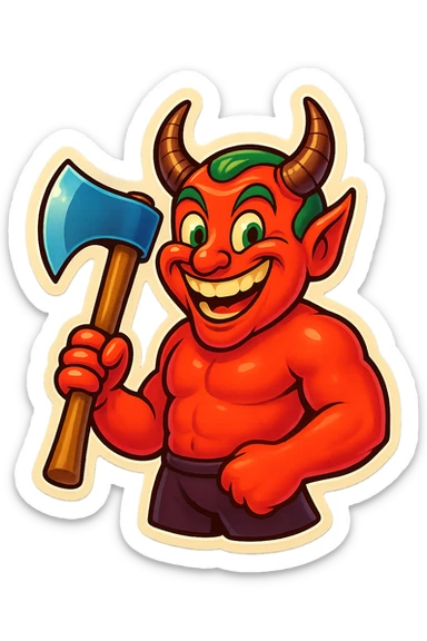 Make the devil look funny and happy, with a big smile and a playful, mischievous expression inspired by the Joker's accent and style. Keep the axe, add bright colors and a whimsical vibe. sticker