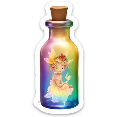 Antique oil bottle made of crystal glass of all gentle colors of the light rainbow, a living flower fairy sits at the bottom of the bottle sticker