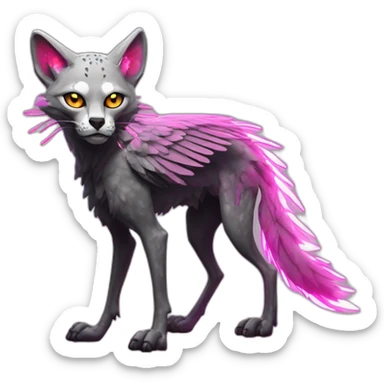 Coyote ocelot standing with grey and black fur and phoenix wings on back and pink ears half skeleton zombie, neon lights sticker