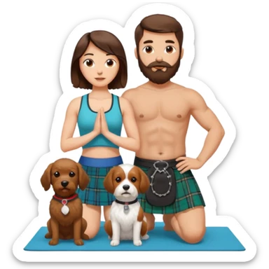 emoji of brunette man with beard wearing kilt, brunette woman in yoga outfit and white cockapoo dog sticker