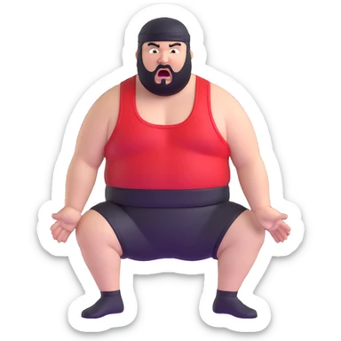 Extreme close-up of face of morbidly obese white skin guy with young face, prominent BLACK DURAG tied clearly on head, black beard but no mustache, clean shaven upper lip, black eyes in a red and black wrestling singlet with mouth wide open screaming angrily sticker