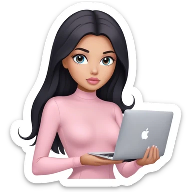 Glamours, tanned, very beautiful girl, with big pump peach-beige-rose lips, long lashes, black straight smooth silky long hair, straight parting hair, blue-grey eyes, in light-pink bodysuit holding MacBook sticker