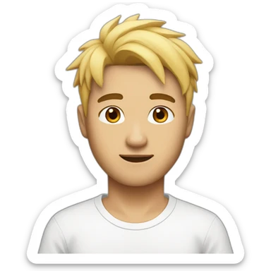 asian guy with blonde hair and black roots, white tee shirt with fox logo sticker