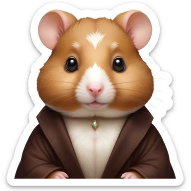 Cinematic Noble Brown Hamster Portrait Emoji, Poised and regal, with a tiny, compact build and a smooth, well-kept rich brown coat, deep-set soulful dark eyes, Simplified yet sharp and sophisticated features, highly detailed, glowing with a soft, dignified glow, high shine, intelligent and energetic, stylized with an air of miniature majesty, focused and attentive, soft glowing outline, capturing the essence of a watchful and confident rodent, so majestic it feels as though it could scurry out of the screen with effortless authority! sticker
