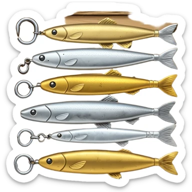 A metal lure set arranged on a wooden plank sticker