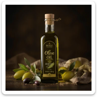 realistic olive oil bottle, high detail, professional photography style sticker