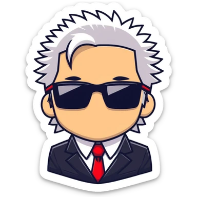 Satoru Gojo character with white spiky hair, black suit, red tie, sunglasses, and confident smirk sticker
