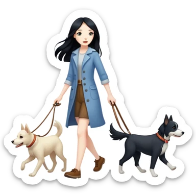 A girl with long black hair walking with three dogs sticker