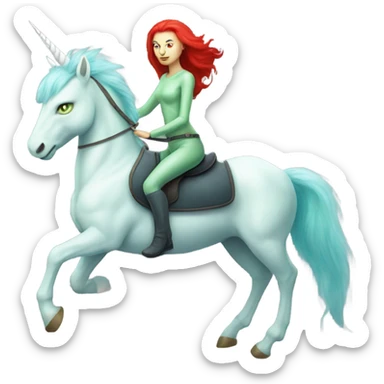 [politically incorrect
	{ woman: alien, color: light green, hair:red, eyes:cat} ]
	on a 
	[{ unicorn: white, legged:four, mane: light blue }] sticker