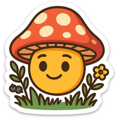 yellow face with mushroom hat, nature theme, digital illustration sticker