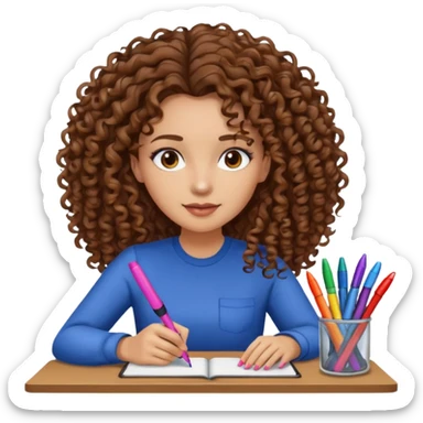 A women curly hair long and light skin with markers on her desk sticker
