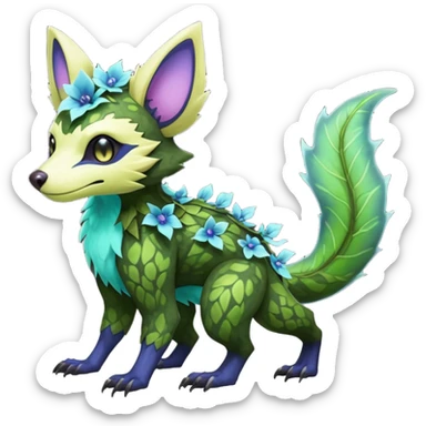 Realistic Sharp swampy mossy elemental ivy floral detailed Colorful translucent luminescent glowing Trico-Noibat-batty-Sergal-Furret-Ferret-Wolverine-Vernid-furry-fursona-fusion-Fakemon-animal-hybrid-creature, full body sticker