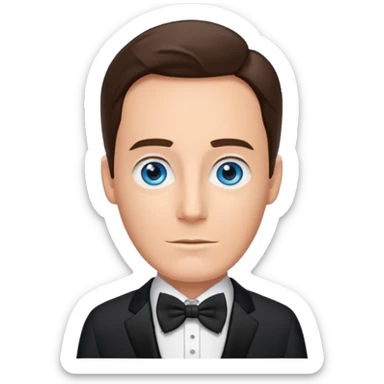 Andy Williams with blue eyes, black suit with bow tie sticker