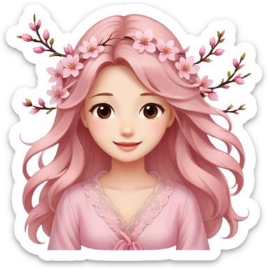 . A girl with long, flowing hair adorned with cherry blossoms, wearing a light pink chiffon blouse and a dreamy smile. sticker