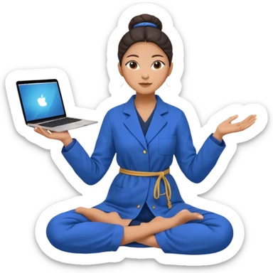 emoji of an asian woman with a single bun in a long blue labcoat sitting cross legged with dna levitating above one hand and an macbook above the other hand sticker