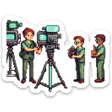 collaboration équipe de tournage with multiple members including caméraman, preneur de son, réalisateur working together around a broadcast camera, dynamic atmosphere, wide shot, team spirit in pixel art style sticker
