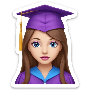 pretty girl with beautiful extremely long brown hair, blue eyes, long lashes makeup, sexy pink lips, wearing a purple and light pink graduation cap and gown sticker