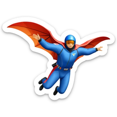 A wingsuit jumper soaring through the air between towering mountains, with the suit spread wide to catch the wind. The background features dramatic cliffs and expansive skies, emphasizing the thrill and freedom of base jumping in a stunning natural landscape. sticker