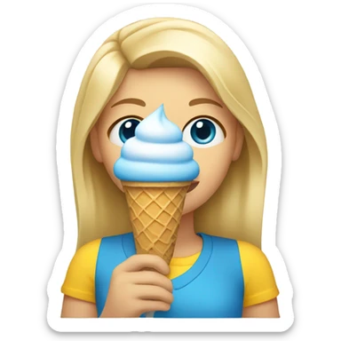 Girl with mid length blonde hair, blue eyes, yellow shirt, holding ice cream cone sticker