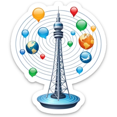 An icon featuring a communication tower with signal waves, satellites in orbit, and fiber optic cables. The design includes a smartphone, message bubbles, and a globe with connection lines, symbolizing global communication networks. Transparent background  sticker