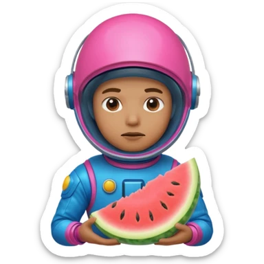 Neon pink and blue spaceman side eye eating melon looking suspicious sticker