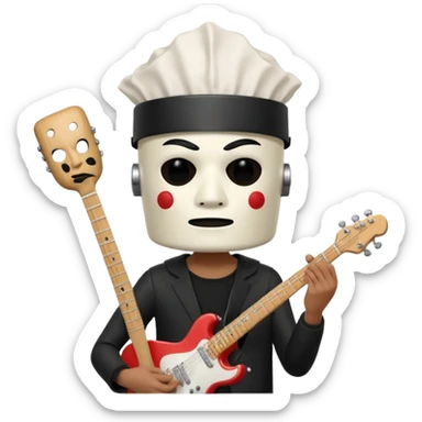 guitarist wearing a white bucket on his head, with two eye holes, a blank expression, and a small theatrical mask on the bucket. He’s holding an electric guitar, dressed in a simple black outfit, giving off a mysterious but playful rock legend vibe, kfc bucket on his head sticker