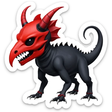 Shiny Dark Edgy  Duskull-Salandit-Inteleon-Fakémon-hybrid-creature (full body) with a horned animal-skull-mask sticker