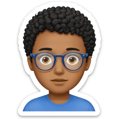 Menino moreno com cabelo curto cacheado preto, de óculos preto e blusa azul sticker