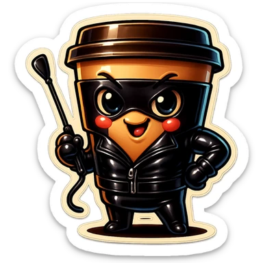 Tall coffee cup, dressed in leather holding a whipping crop, mischevious, sticker