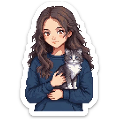 Brunette girl with dark blue sweatshirt lovingly holding a grey Siberian cat, detailed pixel art sticker