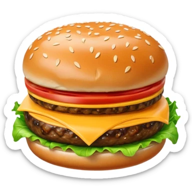 A classic single patty hamburger emoji,, glossy and colorful. Soft rounded bun with sesame seeds, one beef patty, fresh lettuce, tomato slice, melted cheese, realistic but cartoonish look, clean white background sticker